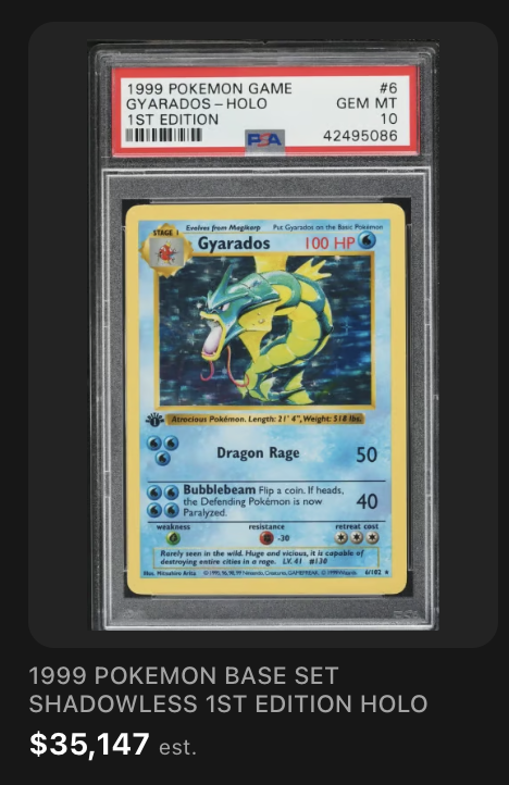 1999 Pokemon Base Set shadowless first edition holo Gyarados, $35,147 estimated