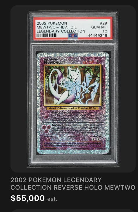 2002 Pokemon Legendary Collection reverse holo Mewtwo, $55,000 estimated